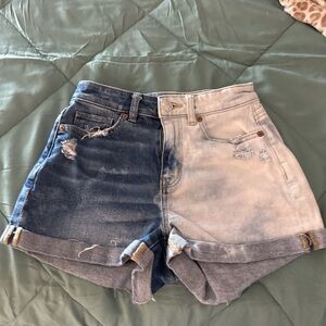 High-Waist Two-Tone Denim Shorts - Blue/Light Blue